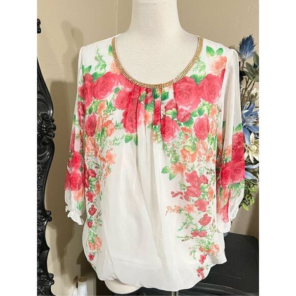 Floral 3/4 Sheer Blouse with Embellished Collar Size M NWT - Picture 1 of 5